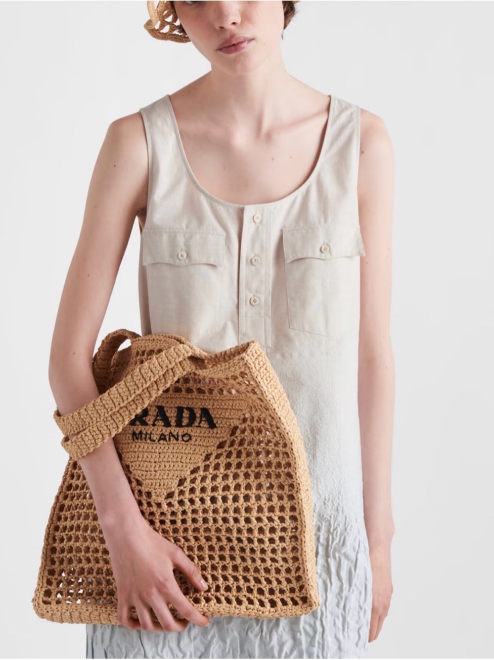 Prada Beige Crochet Milano Tote with Black Logo - Picture 6 of 7